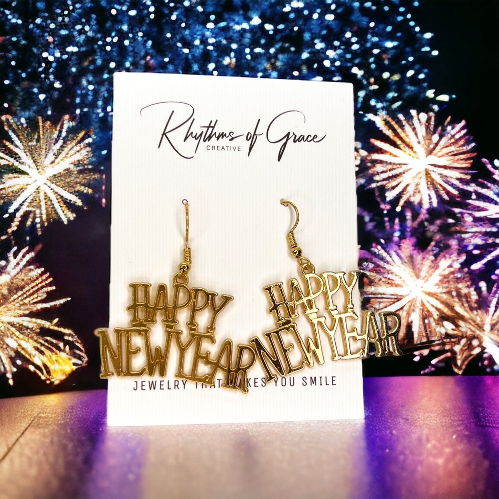 Festive Gold 'Happy New Year' Drop Earrings NWT EuroKatGifts - Picture 7 of 9